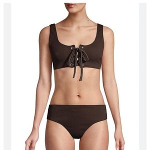NWT Ganni Lace Up Grommet Tank Ribbed Dark Brown Bikini Set size 38/US 6